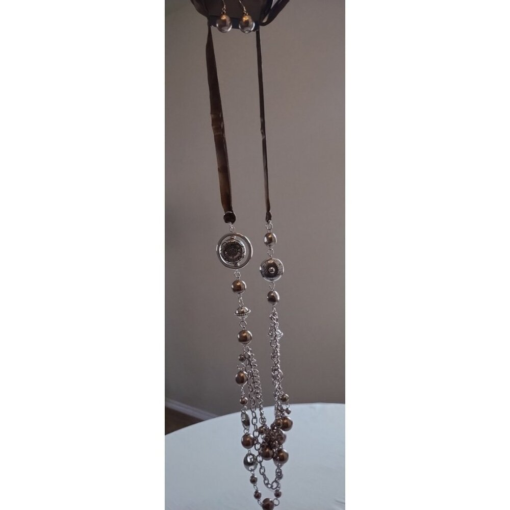 Silver Tone Brown Faux Pearl Tie Back Layered Necklace Paparazzi New